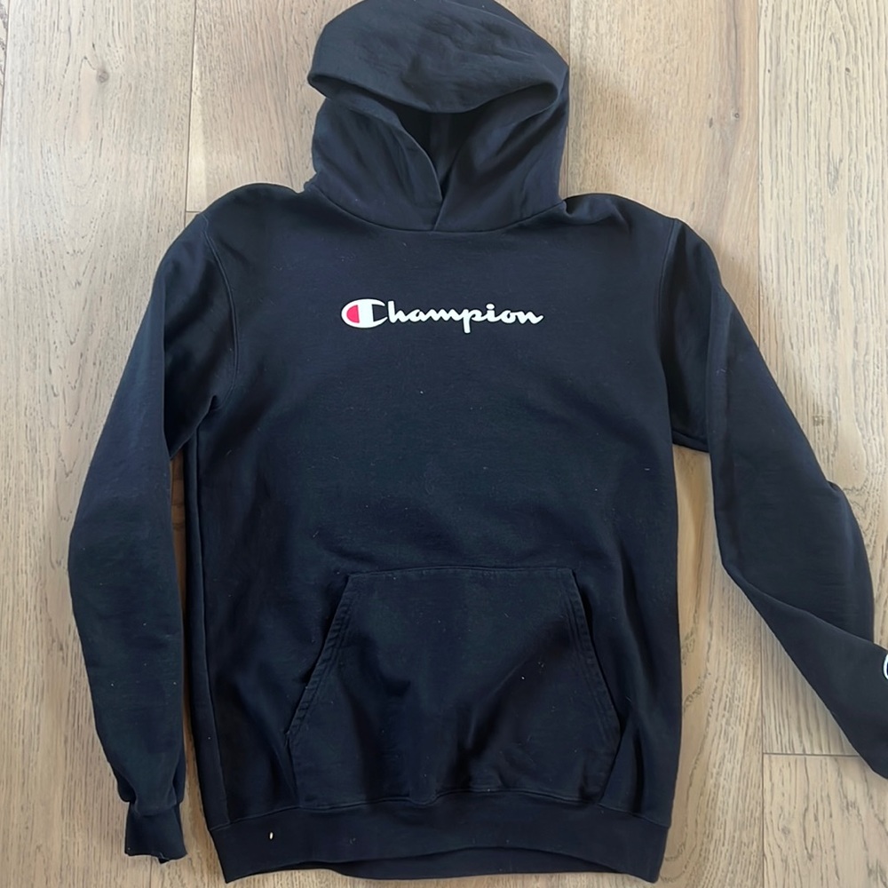 Black champion pullover hoodie. Youth XL.